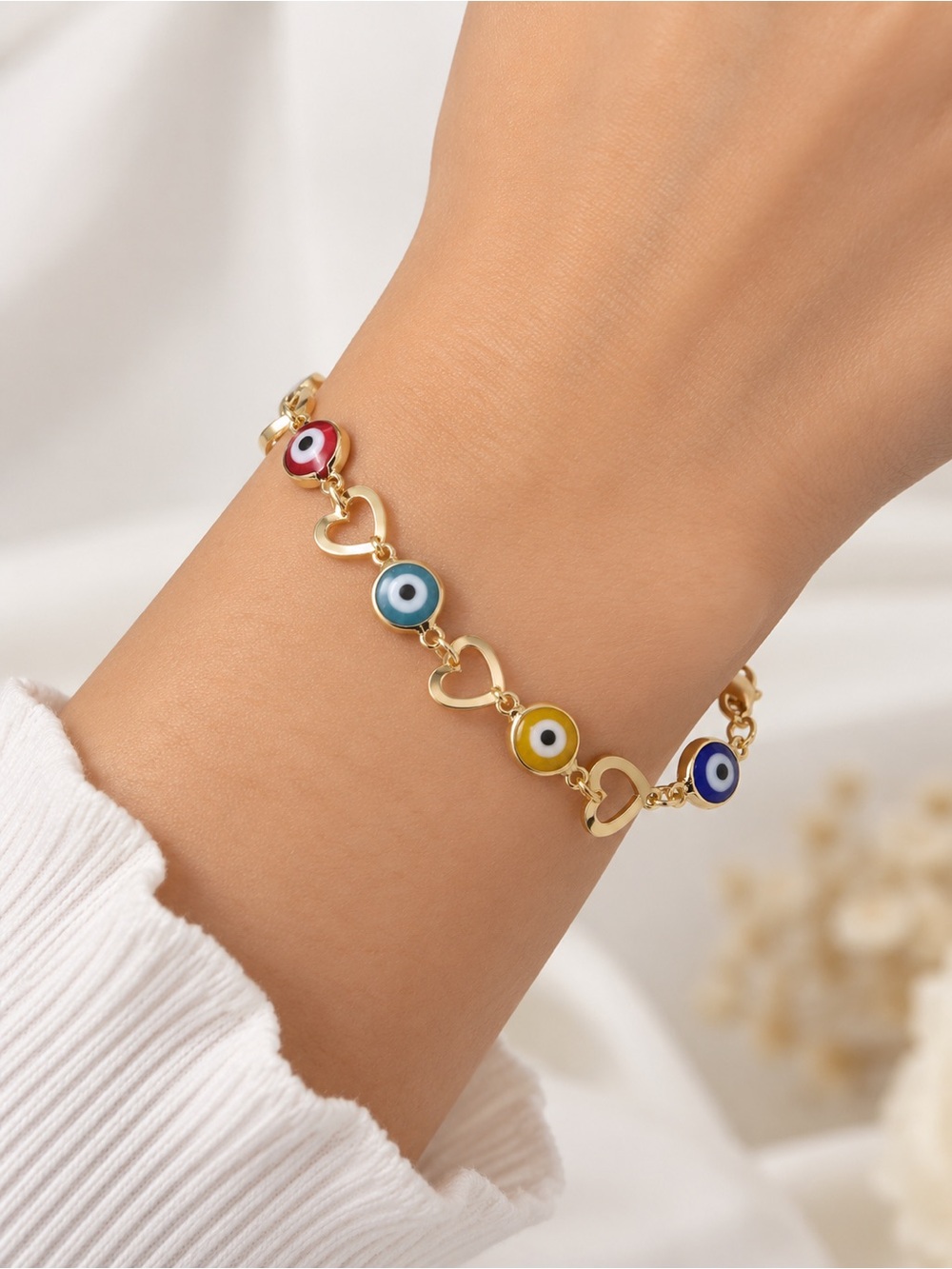 18k Gold Filled Multicolor Evil Eye Heart Link Bracelet